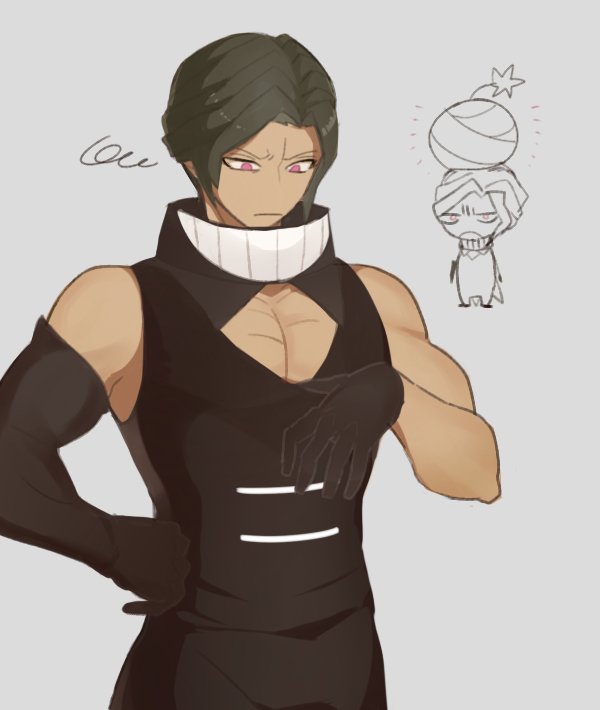 1boy, asymmetrical_gloves, black_gloves, bomb, brown_hair, chibi, cleavage_cutout, dangan_ronpa