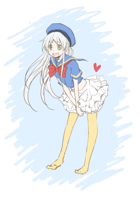 1girl, barefoot, blue_background, blue_hat, blue_shirt, bow, bowtie, donald_duck
