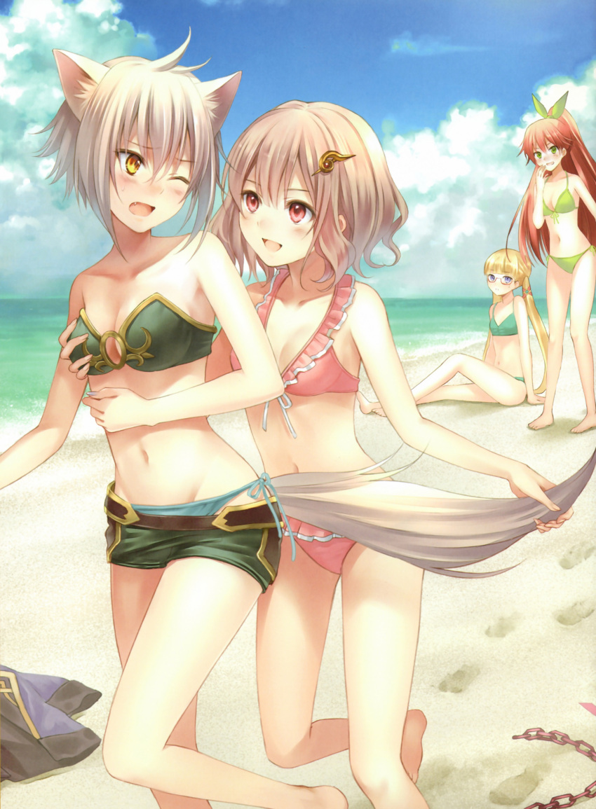 4girls, :d, absurdres, animal_ears, bare_shoulders, barefoot, beach, bikini