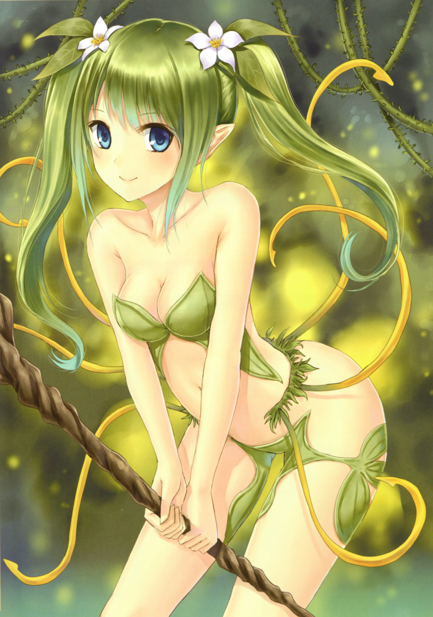 1girl, absurdres, blue_eyes, breasts, cleavage, flower, genkai_tokki_monster_monpiece, green_hair