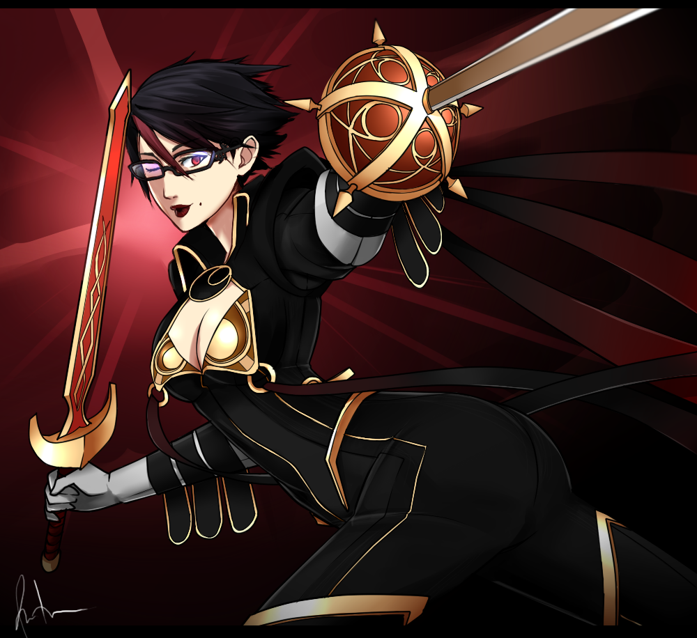 1girl, ass, bayonetta, bayonetta_(character), bayonetta_2, black-framed_eyewear, black_hair, bodysuit