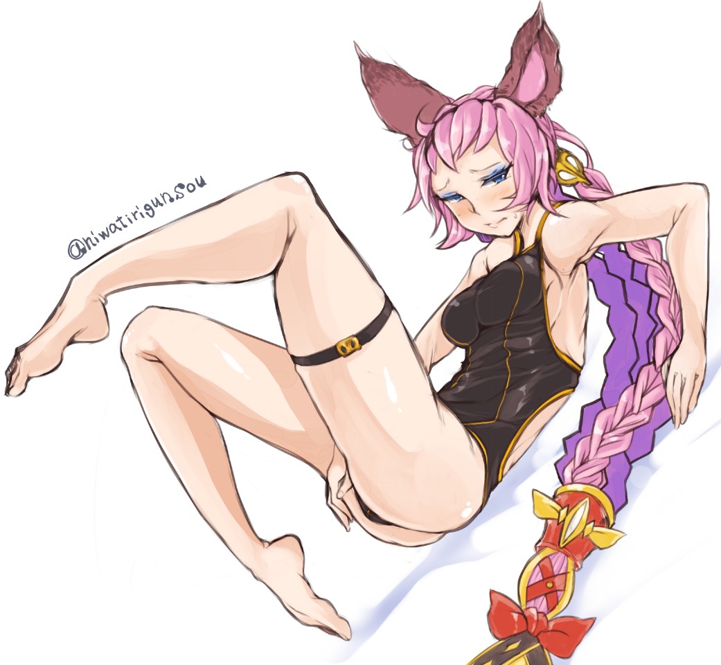 1girl, animal_ears, bangs, black_swimsuit, blue_eyes, blush, bow, braid