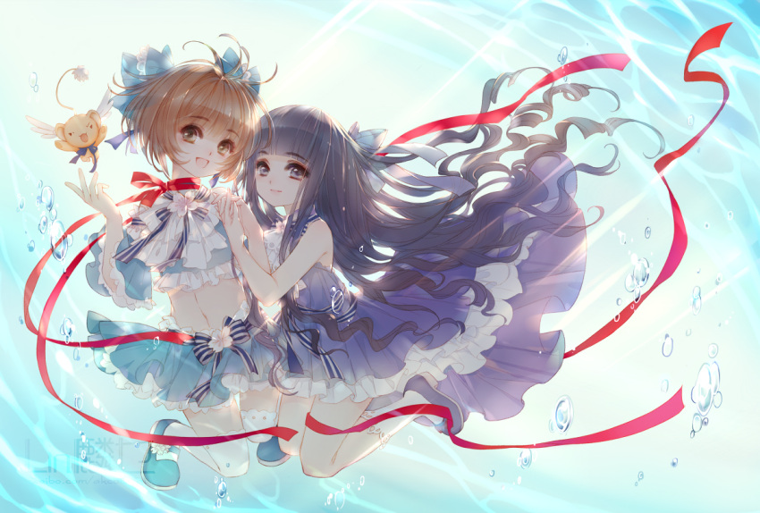 2girls, antenna_hair, bangs, black_hair, blue_skirt, blunt_bangs, brown_hair, cardcaptor_sakura
