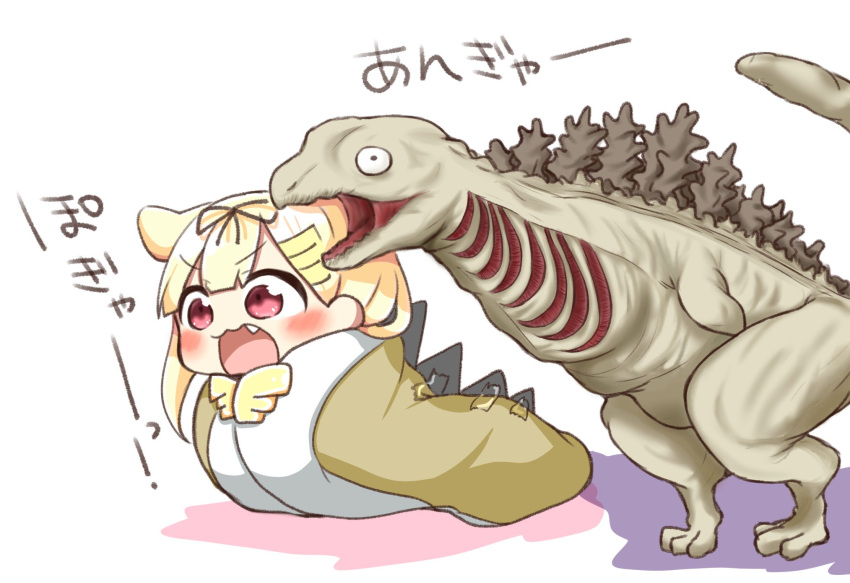 1girl, blonde_hair, blush, chibi, commentary, crossover, fang, gills