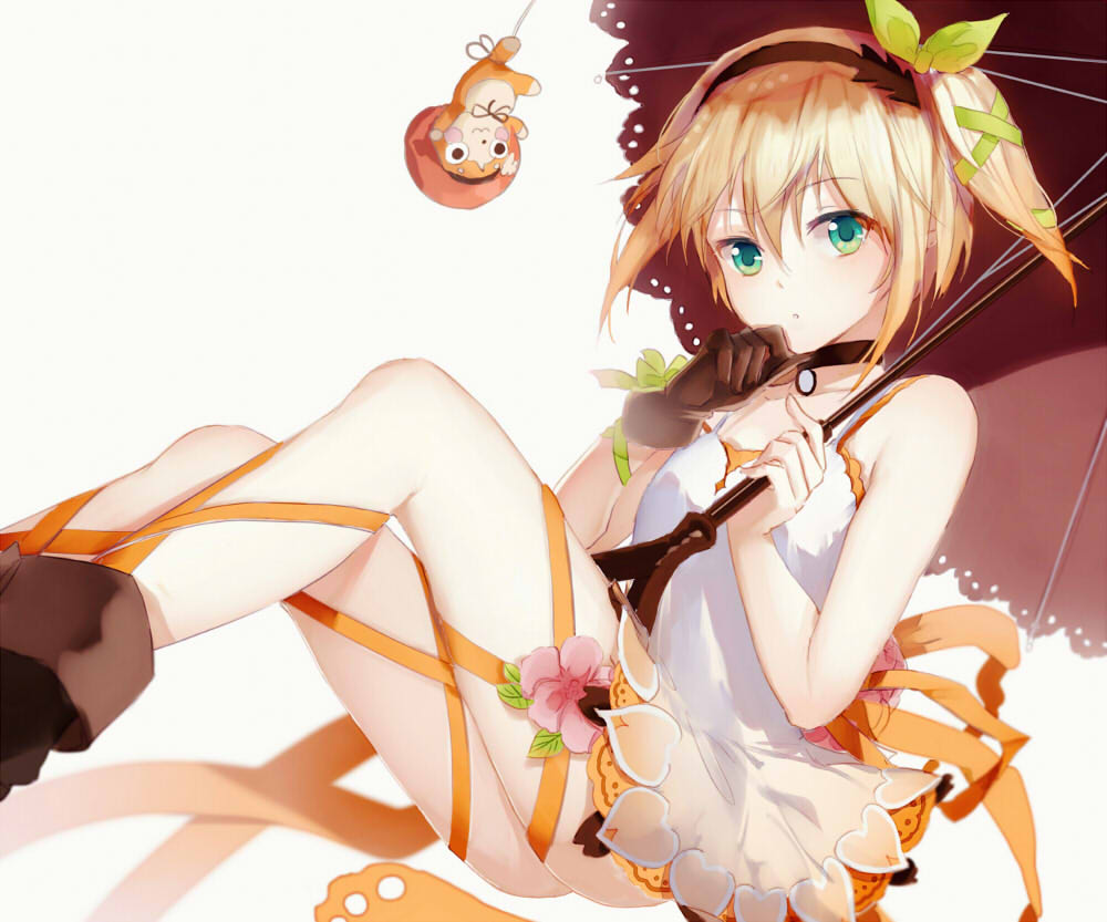1girl, bare_shoulders, blonde_hair, blush, choker, commentary_request, dress, edna_(tales), fengchuilizili, gloves, green_eyes, hair_ribbon, hairband, hand_on_own_chin, leg_ribbon, looking_at_viewer, normin_(tales), ribbon, short_hair, side_ponytail, single_glove, skirt, solo, tales_of_(series), tales_of_zestiria, tress_ribbon, umbrella, white_dress