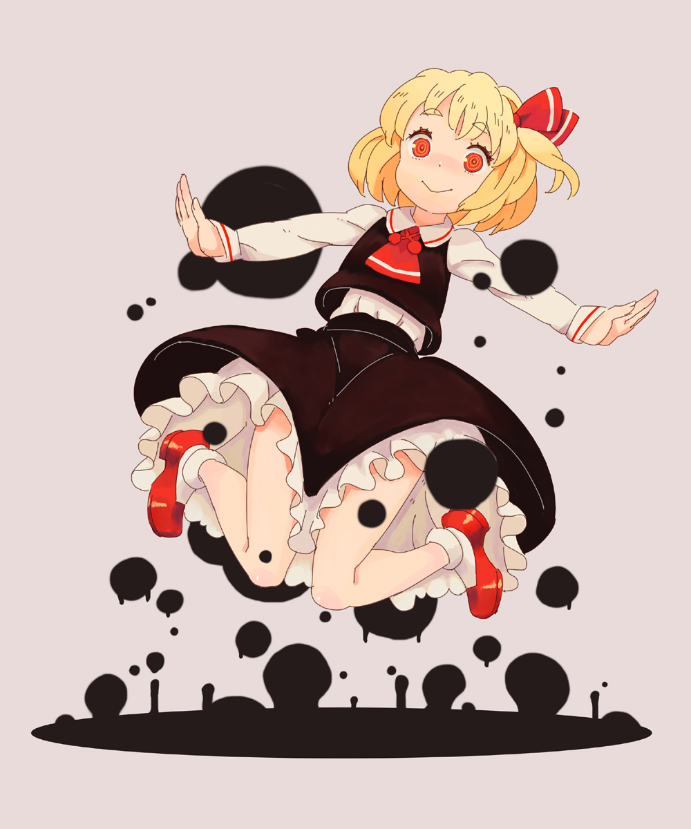 1girl, ascot, black_skirt, blonde_hair, eyebrows, highres, jean_(jean_sp), long_sleeves, outstretched_arms, petticoat, red_eyes, rumia, short_hair, skirt, skirt_set, smile, thick_eyebrows, touhou, vest