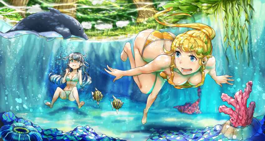 2girls, absurdres, air_bubble, barefoot, black_hair, blonde_hair, breath, bubble