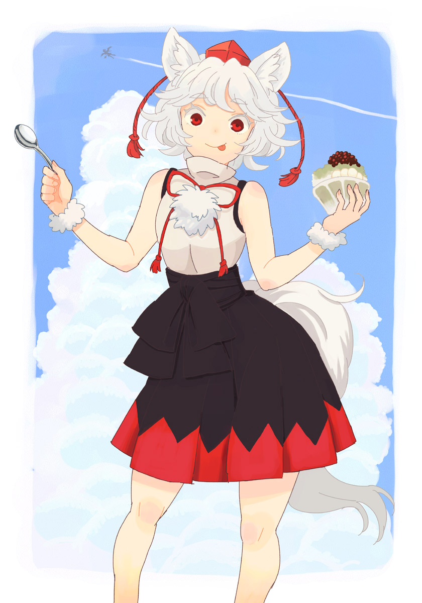 1girl, :p, animal_ears, bare_legs, bare_shoulders, black_skirt, contrapposto, eyebrows