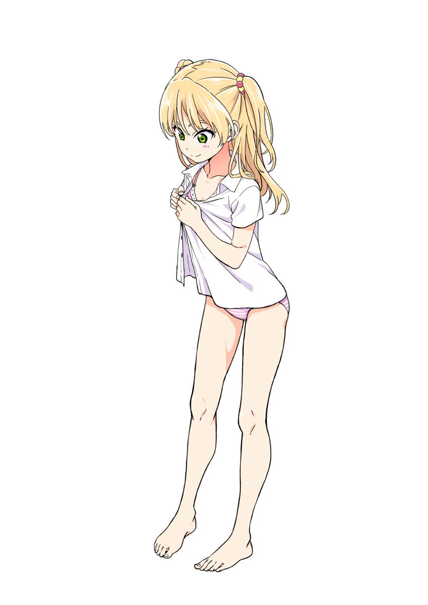 1girl, bare_legs, barefoot, blonde_hair, blush, bra, commentary_request, dressing