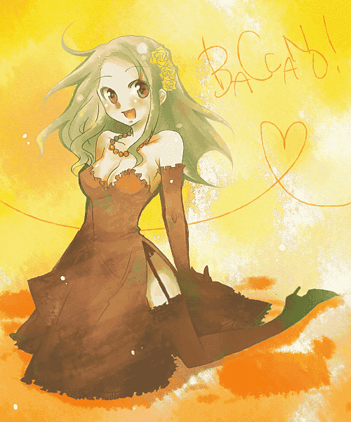 baccano, bad_id, blonde_hair, breasts, brown_eyes, cleavage, dress, elbow_gloves, gloves, hair_ornament, hanyuu_yusuke, heart, jewelry, kneeling, miria_harvent, necklace, smile, thigh-highs, thighhighs