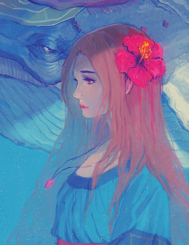1girl, biahnyang, blue_clothes, brown_hair, flower, hair_flower, hair_ornament, hibiscus