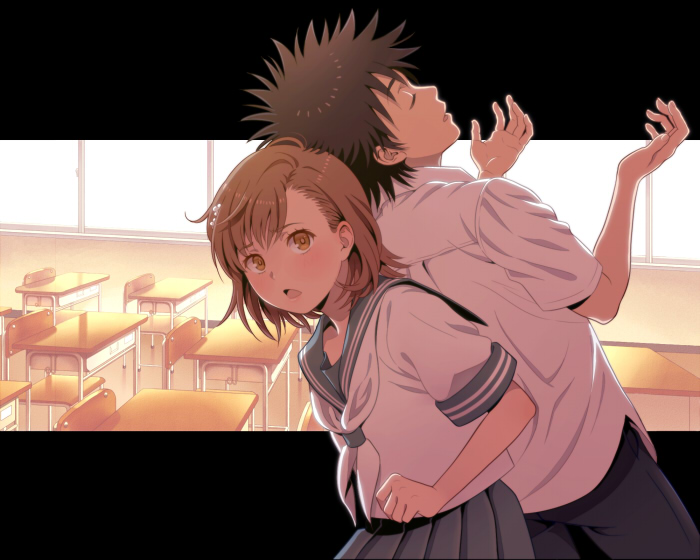 1boy, 1girl, ashishi, black_hair, classroom, closed_eyes, desk, kamijou_touma, misaka_mikoto, school_desk, school_uniform, serafuku, short_hair, spiky_hair, to_aru_kagaku_no_railgun, to_aru_majutsu_no_index
