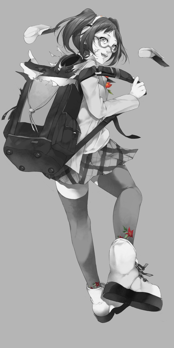 1girl, :d, backpack, bag, caligula_(game), floral_print, flower, full_body