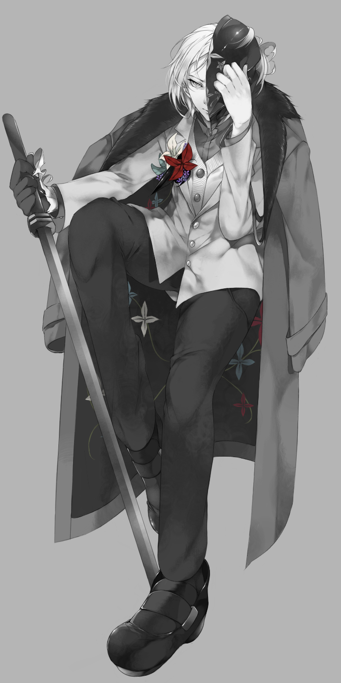 1boy, caligula_(game), cardigan, floral_print, flower, full_body, half_mask, hand_on_own_face