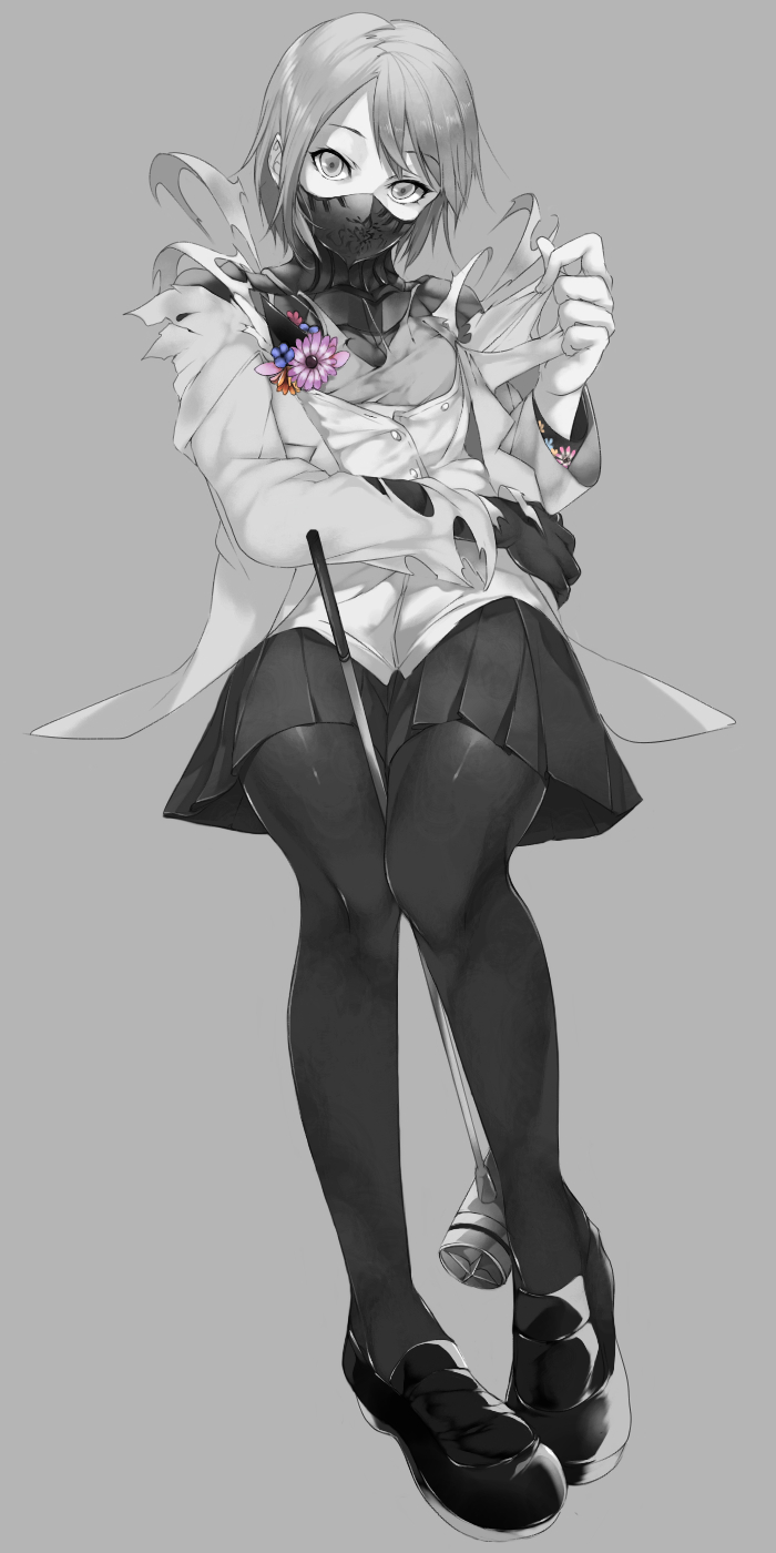 1girl, armor, black_skin, caligula_(game), face_mask, floral_print, flower, full_body