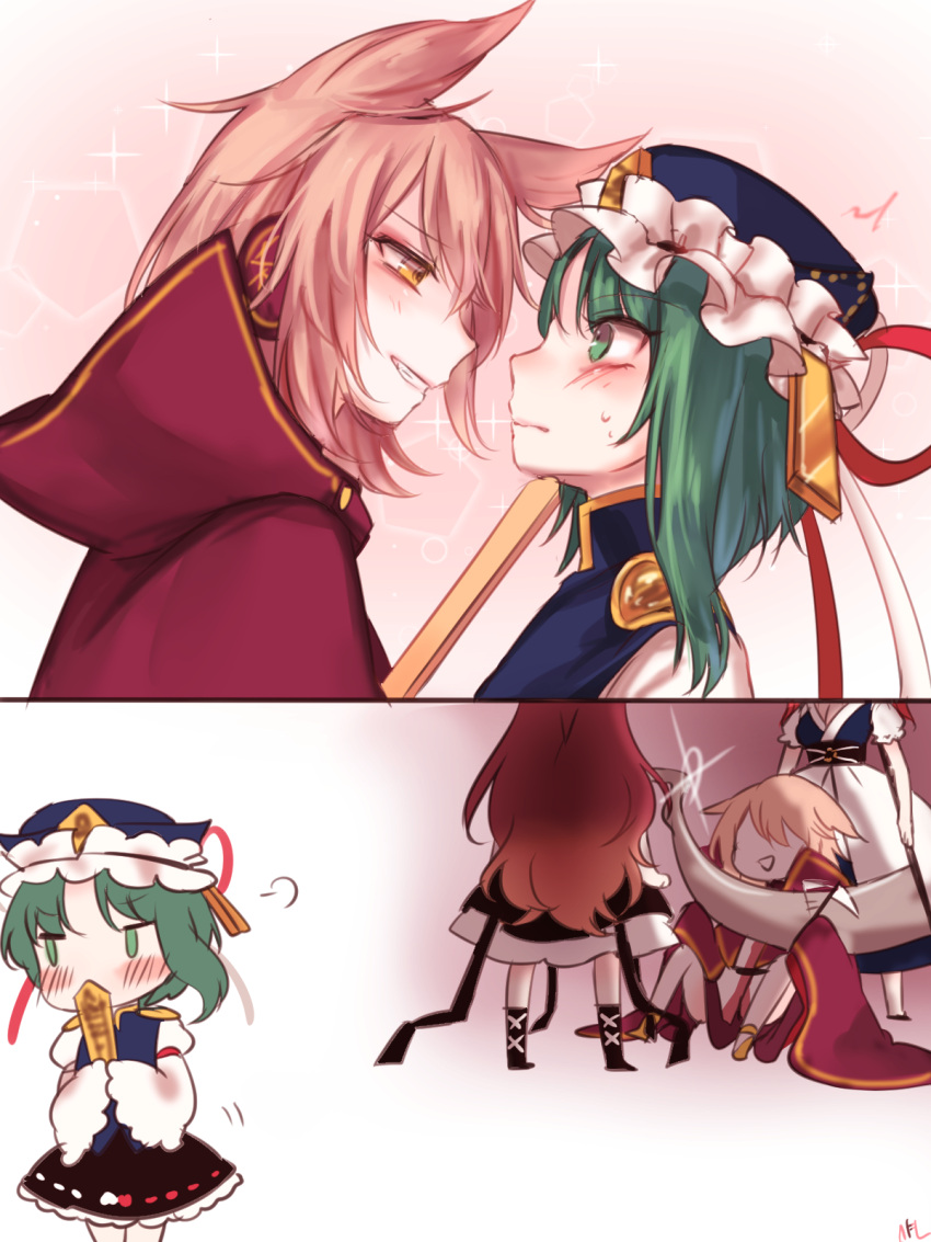 2koma, 4girls, arm_garter, asymmetrical_hair, black_skirt, blue_hat, blue_vest, blush