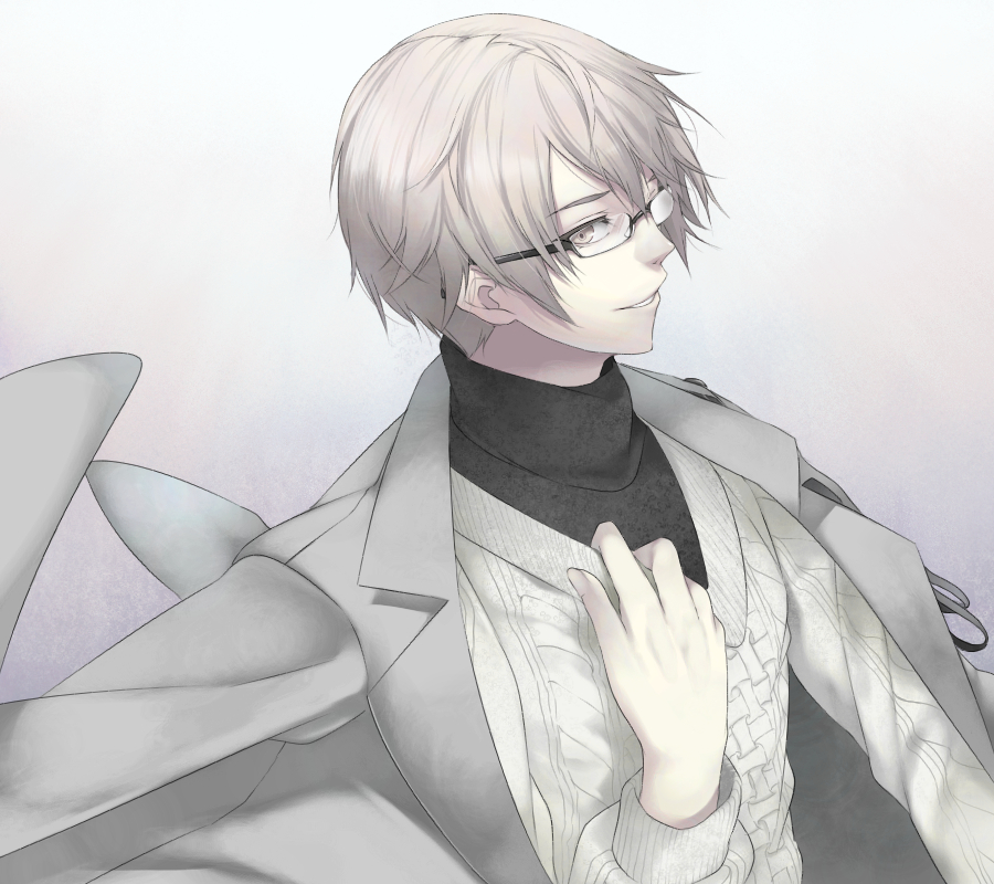 1boy, caligula_(game), cardigan, collar_grab, glasses, hand_on_own_chest, haruno14, hibiki_kensuke