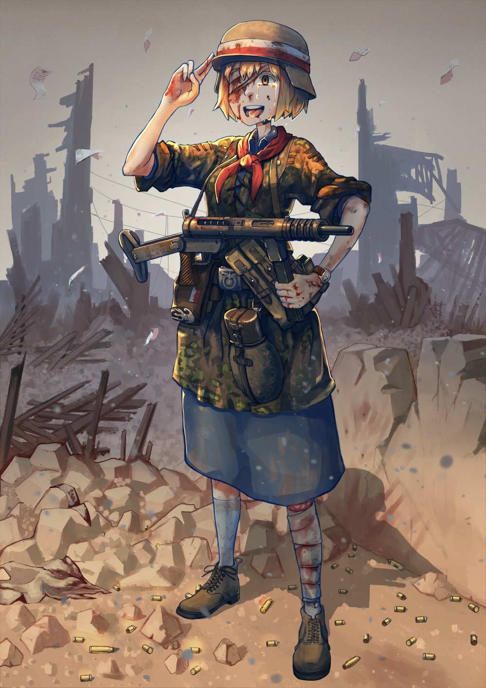 1girl, bandaged_head, bandaged_leg, bandages, belt, blonde_hair, blood, blood_on_face