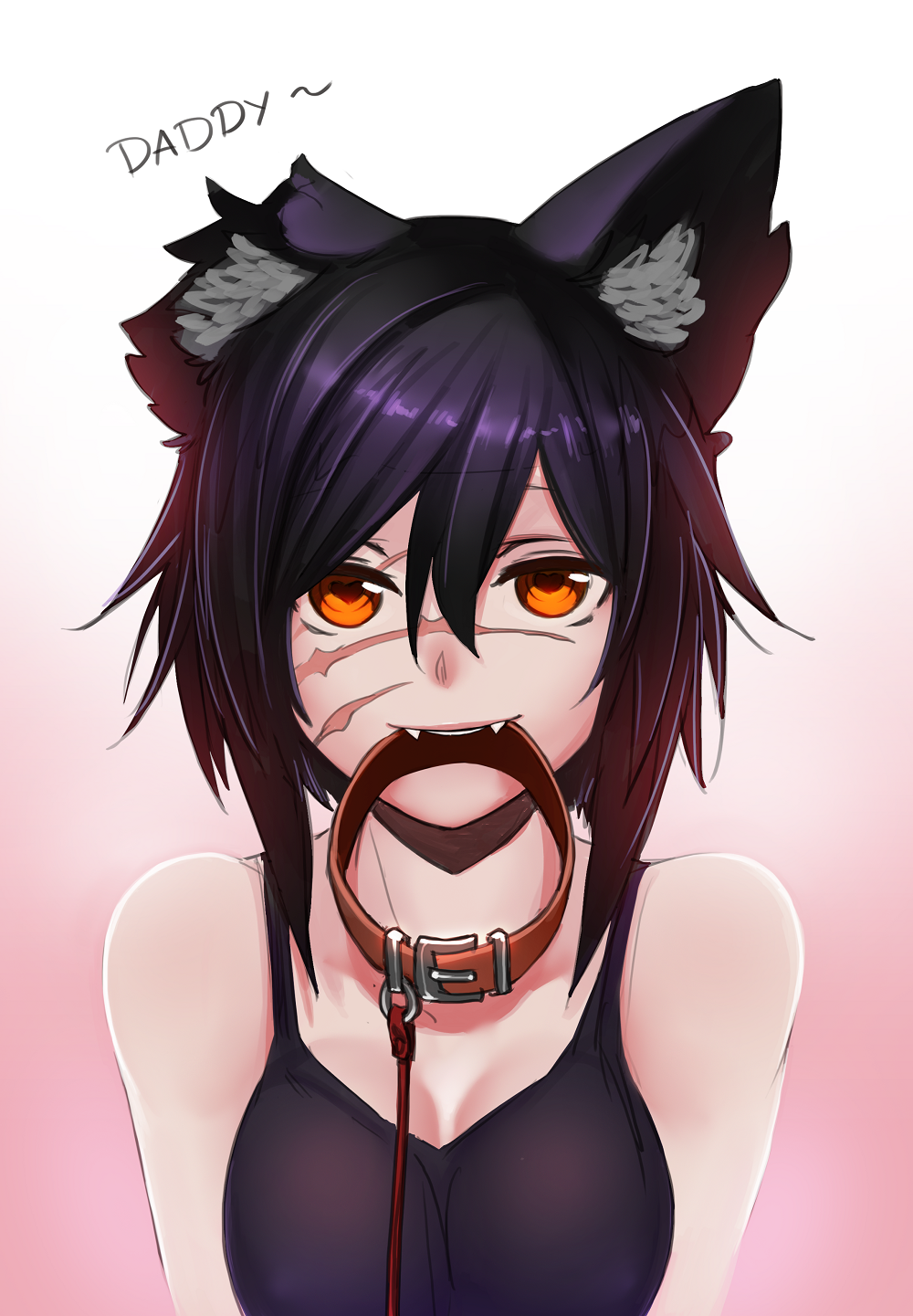 1girl, animal_ears, bare_shoulders, black_hair, breasts, cheshire_cat_(monster_girl_encyclopedia), collar, english, facial_scar, fangs, gradient, gradient_background, heart, heart-shaped_pupils, highres, leash, less, looking_at_viewer, medium_breasts, missing_ear, monster_girl_encyclopedia, mouth_hold, orange_eyes, pink_background, scar, scar_across_eye, simple_background, smile, solo, symbol-shaped_pupils, tank_top, teeth, upper_body