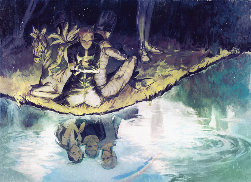 1boy, c-moon_(stand), closed_eyes, different_reflection, enrico_pucci, grass, iu, jojo_no_kimyou_na_bouken, kneeling, made_in_heaven_(stand), perla_pucci, rainbow, reflection, ripples, robe, smile, stand_(jojo), weather_report, white_hair, whitesnake_(stand)