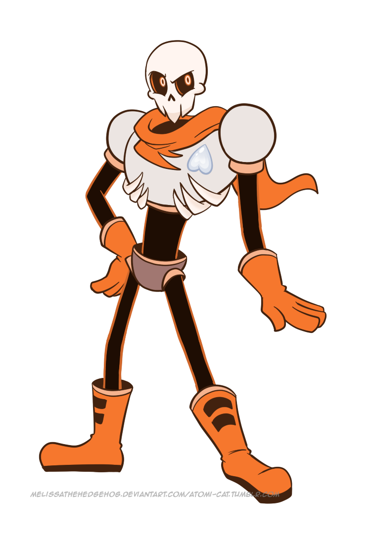 1boy, armor, atomi-cat, boots, commentary, gloves, hand_on_hip, heart, male_focus, mystery_skulls, papyrus_(undertale), parody, red_eyes, scarf, simple_background, skeleton, solo, standing, style_parody, undertale, uneven_eyes, watermark, web_address, white_background
