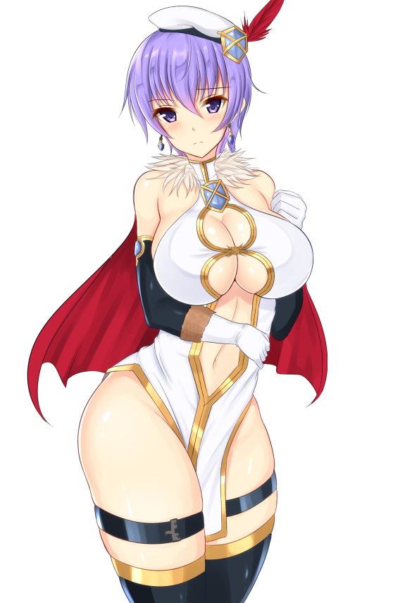 1girl, bare_shoulders, beret, black_legwear, blush, breasts, cape, cleavage