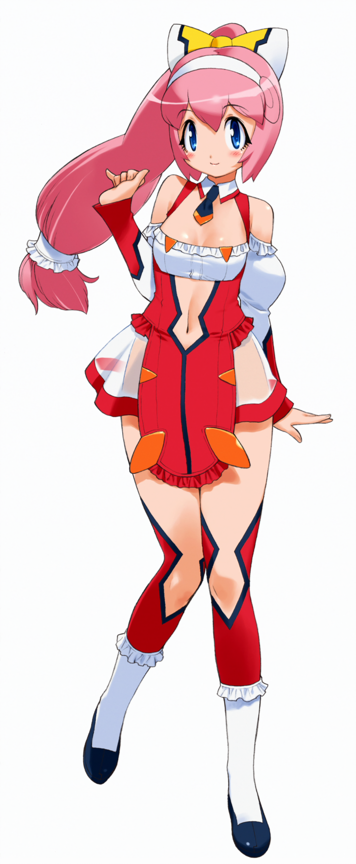 1girl, blue_eyes, bow, breasts, cleavage, detached_collar, detached_sleeves, erul_tron