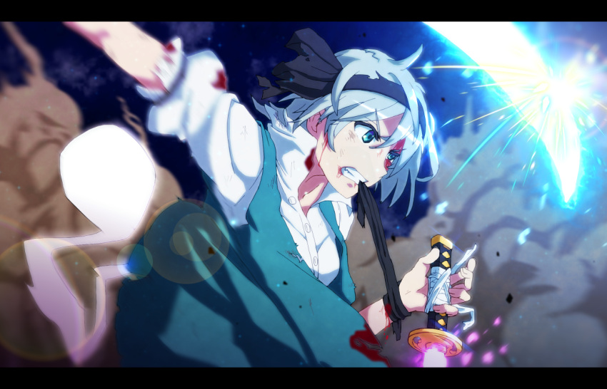 1girl, anime_coloring, bleeding, blocking, blood, blood_on_face, bloody_clothes, blue_eyes