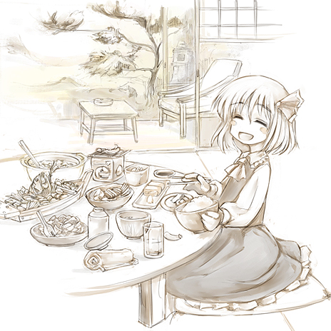 buffet, cervus, chair, chopsticks, food, hair_ribbon, lowres, monochrome