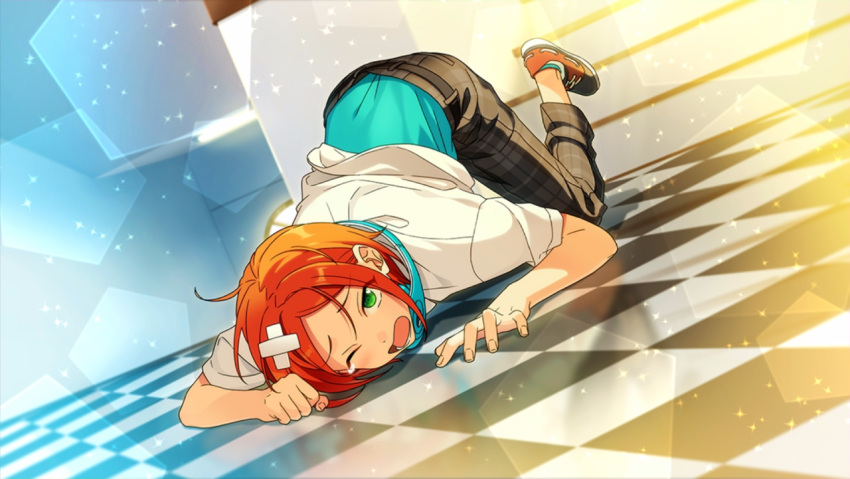 1boy, aoi_yuuta, bandaid, blush, checkered, checkered_floor, dutch_angle, ensemble_stars!