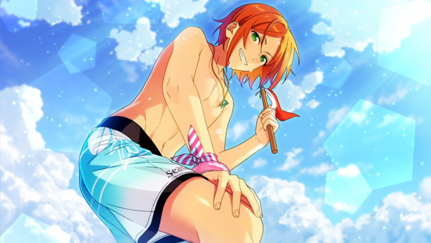 1boy, aoi_hinata, ensemble_stars!, from_below, green_eyes, grin, hand_on_own_thigh, jewelry