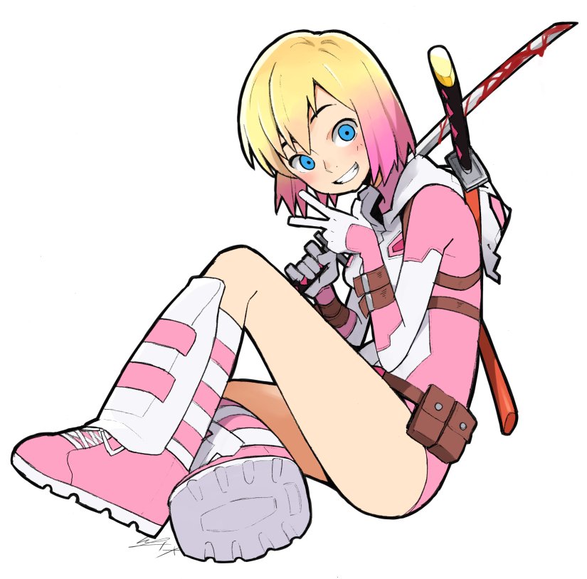 1girl, blonde_hair, blood, bloody_weapon, blue_eyes, female, gradient_hair, gwen_poole
