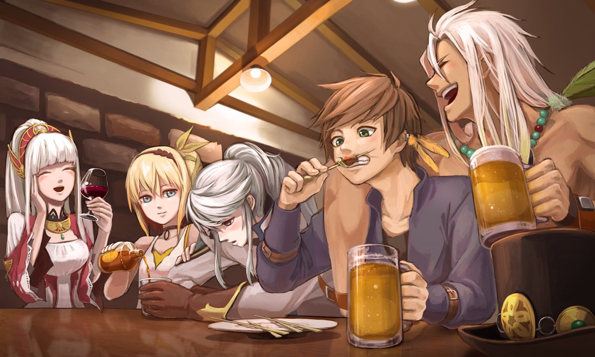 2girls, 3boys, alcohol, beer_mug, blonde_hair, bottle, brown_hair, cup