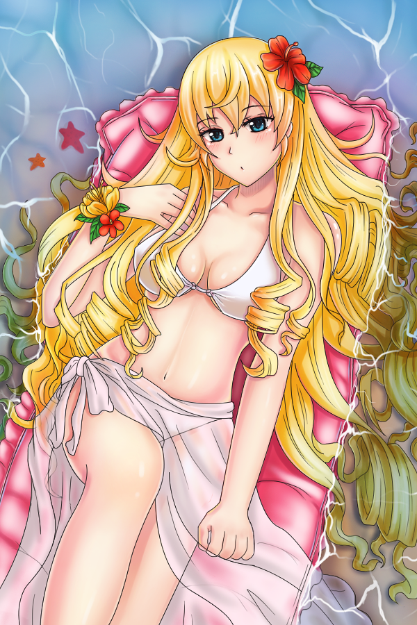 1girl, :o, bikini, blonde_hair, blue_eyes, breasts, cleavage, drill_hair