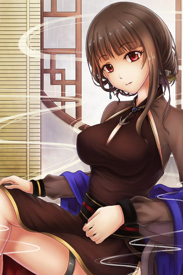 1girl, anchor_necklace, brown_hair, china_dress, chinese_clothes, cleavage_cutout, crossed_legs, dress