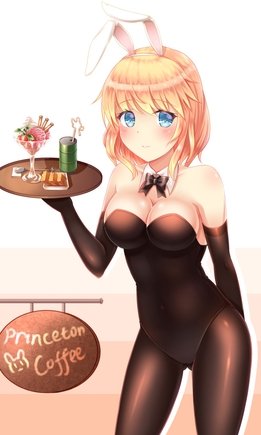 1girl, absurdres, animal_ears, bare_shoulders, bauxite, black_gloves, black_legwear, blonde_hair