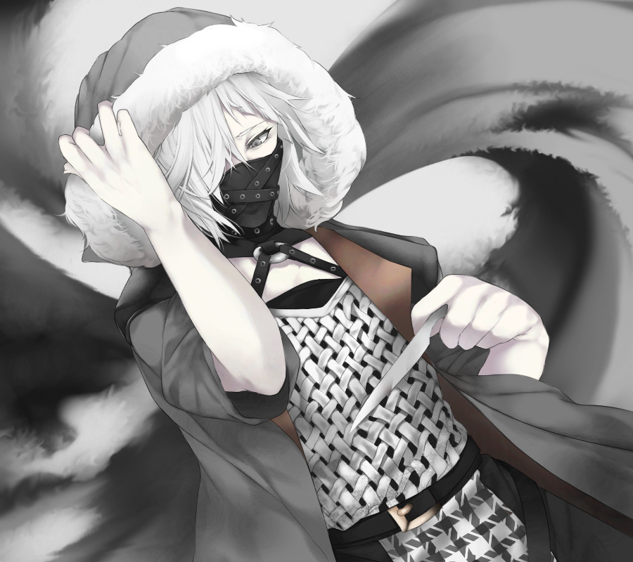 1boy, belt, caligula_(game), cardigan, face_mask, hair_over_one_eye, haruno14, hood, hooded_jacket, jacket, knife, mask, pale_skin, solo, white_hair, yamada_daiki
