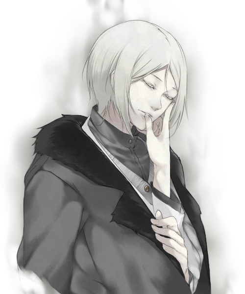 1boy, blonde_hair, caligula_(game), closed_eyes, fur_trim, hand_on_own_face, haruno14, jacket