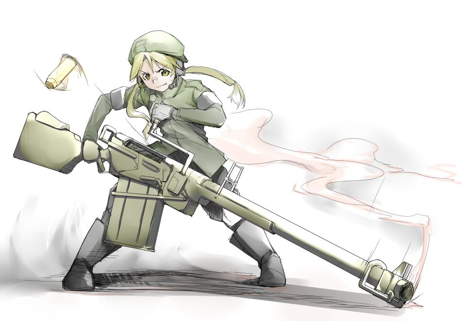 anti_tank_rifle, bandaid, blonde_hair, bullet, casing_ejection, gun, hat, huge_weapon