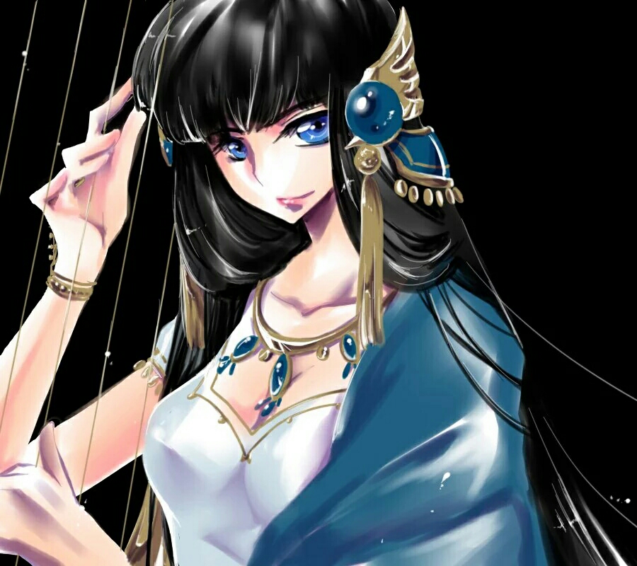 1girl, bangs, black_background, black_hair, blue_eyes, blunt_bangs, bracelet, gem, hair_ornament, harp, instrument, jewelry, kendappa-ou, light_smile, long_hair, looking_at_viewer, necklace, nuts_takahashi, rg_veda, solo, upper_body