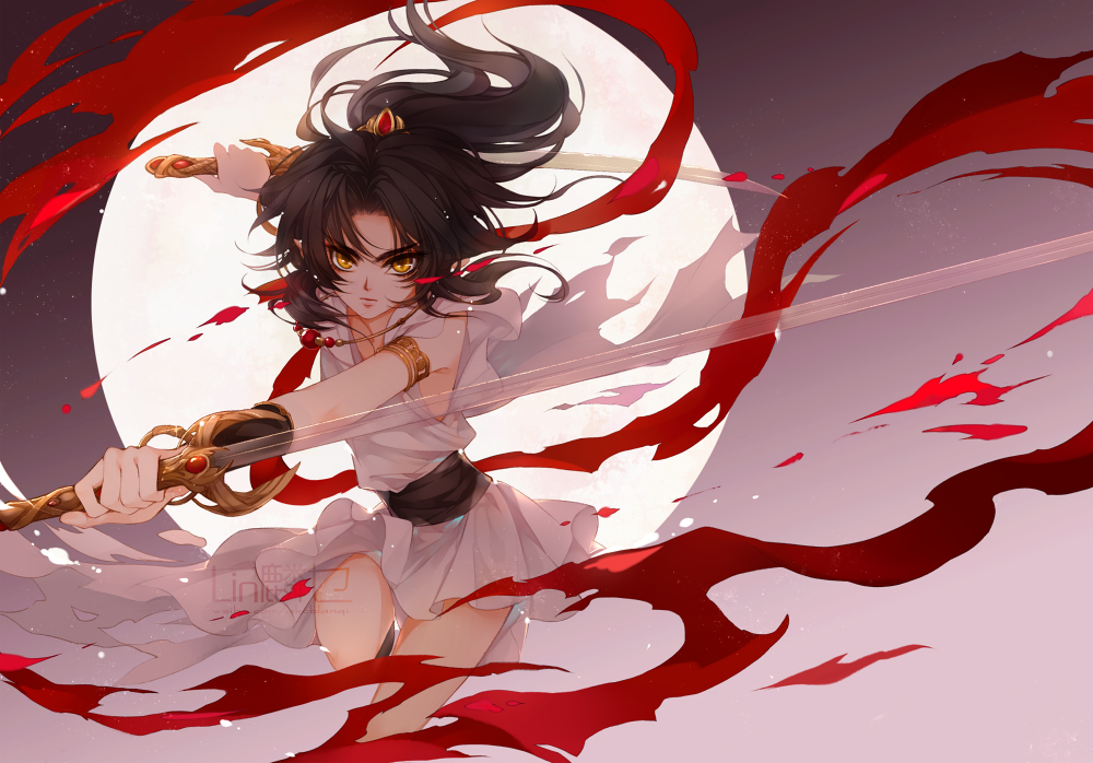 1boy, androgynous, ashura, bangs, black_hair, dress, dual_wielding, hair_ornament