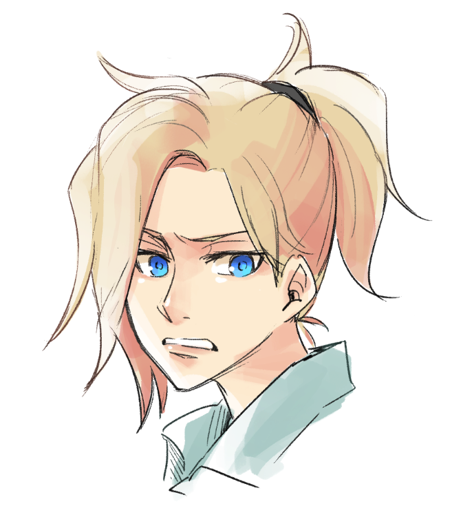1girl, anco_(platanity), blonde_hair, blue_eyes, collared_shirt, disgust, face, hair_ornament