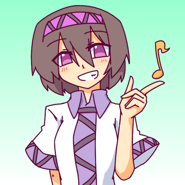 1girl, blush, brown_hair, grin, hairband, kakinoki_mikan_(kari), short_hair, short_sleeves