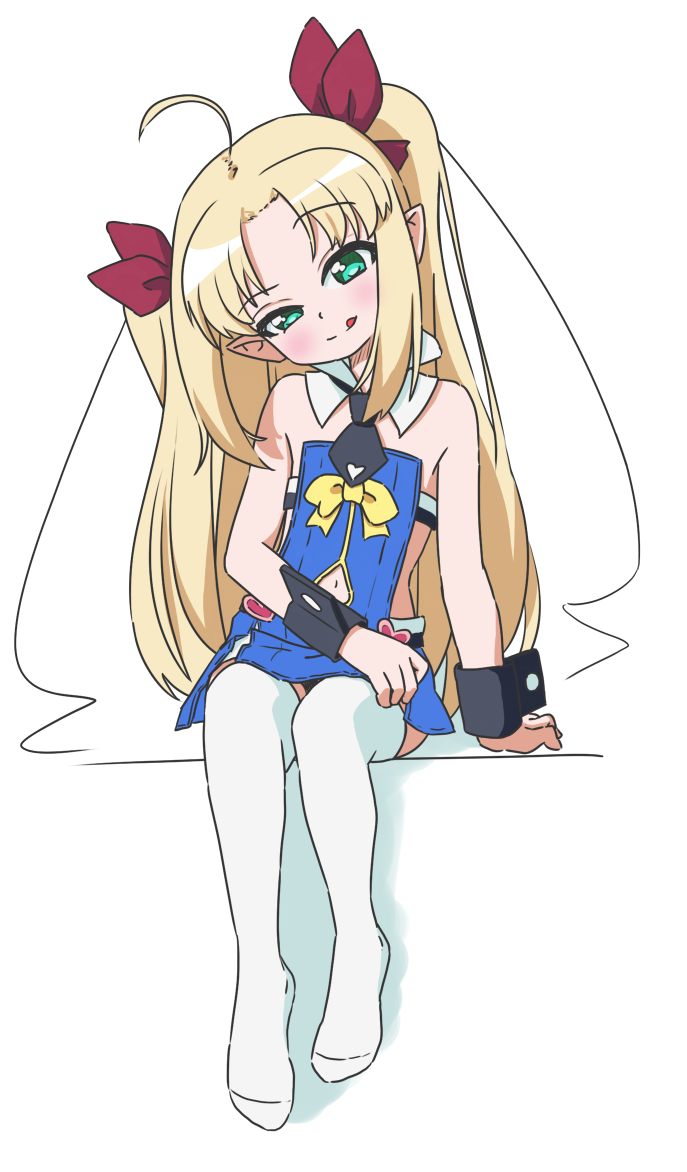 1girl, :q, ahoge, artist_apprentice, astarotte_ygvar, bangs, bare_shoulders, blonde_hair, detached_collar, flat_chest, green_eyes, hair_ribbon, head_tilt, long_hair, looking_at_viewer, lotte_no_omocha!, navel_cutout, necktie, no_shoes, parted_bangs, pointy_ears, raised_eyebrow, ribbon, side_slit, sitting, solo, thigh-highs, tongue, tongue_out, twintails, uneven_eyes, very_long_hair, white_legwear, wrist_cuffs