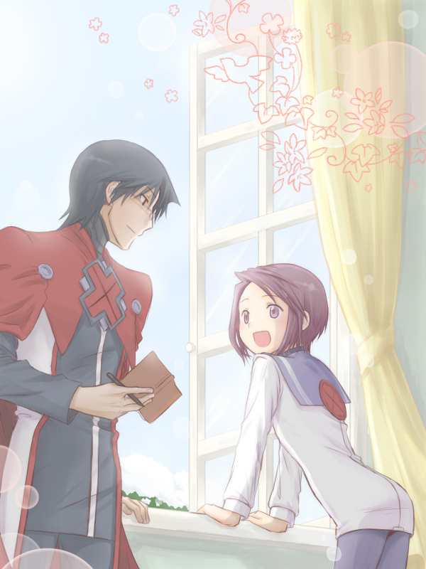 1boy, 1girl, black_hair, glasses, looking_at_another, mui_stern, nesty, pantyhose