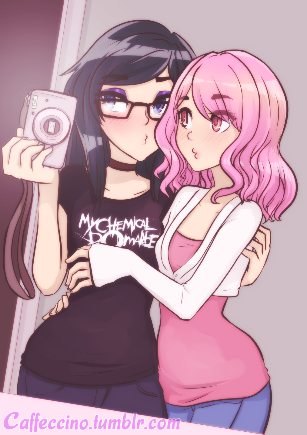 2girls, akemi_homura, black_hair, blush, caffeccino, camera, choker, clothes_writing