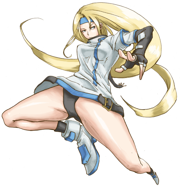 blonde_hair, blue_eyes, boots, buckle, buckles, elbow_gloves, fingerless_gloves, foreshortening