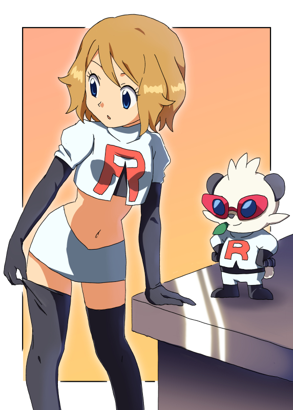 1girl, arm_support, black_legwear, blue_eyes, brown_hair, clothed_pokemon, cosplay, crop_top
