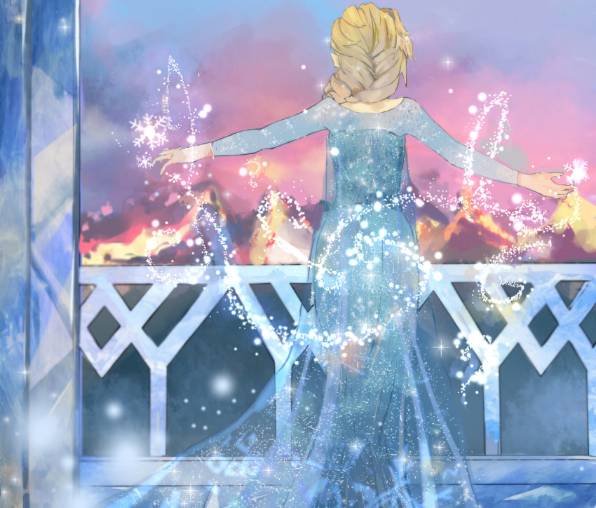 1girl, bad_id, blonde_hair, braid, elsa_(frozen), from_behind, frozen_(disney), highres