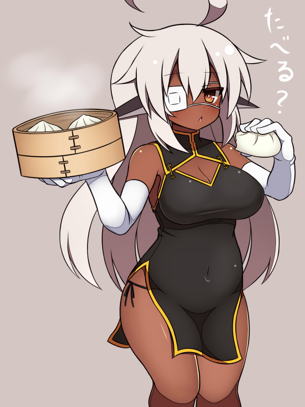 1girl, baozi, breasts, china_dress, chinese_clothes, cleavage, covered_navel, dark_skin